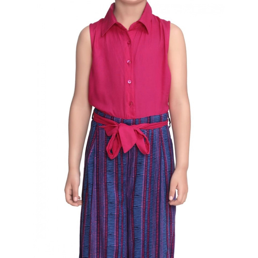 Girl's Rayon Colour Block Sleeveless Jumpsuit (Pink-Blue)