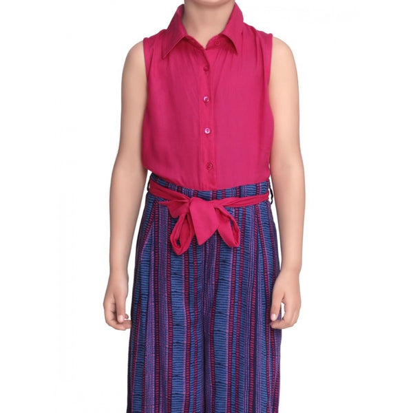 Girl's Rayon Colour Block Sleeveless Jumpsuit (Pink-Blue)