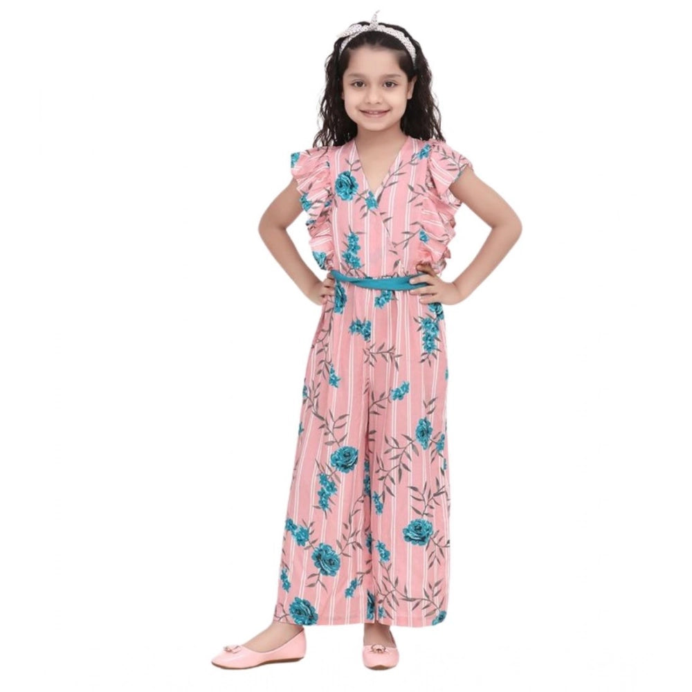 Girl's Rayon Floral Flutter Jumpsuit (Pink-Blue)