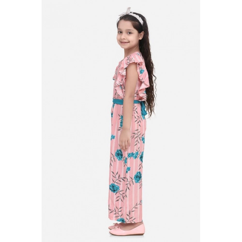 Girl's Rayon Floral Flutter Jumpsuit (Pink-Blue)