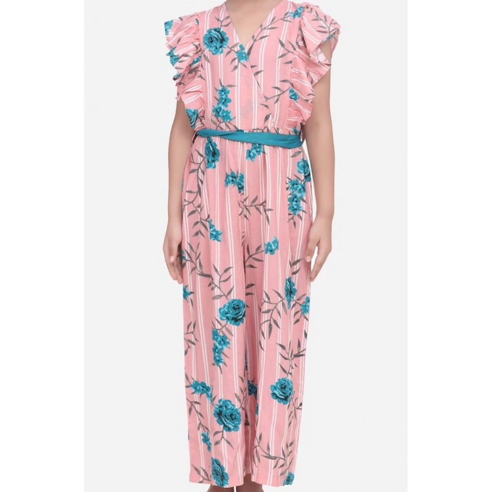 Girl's Rayon Floral Flutter Jumpsuit (Pink-Blue)