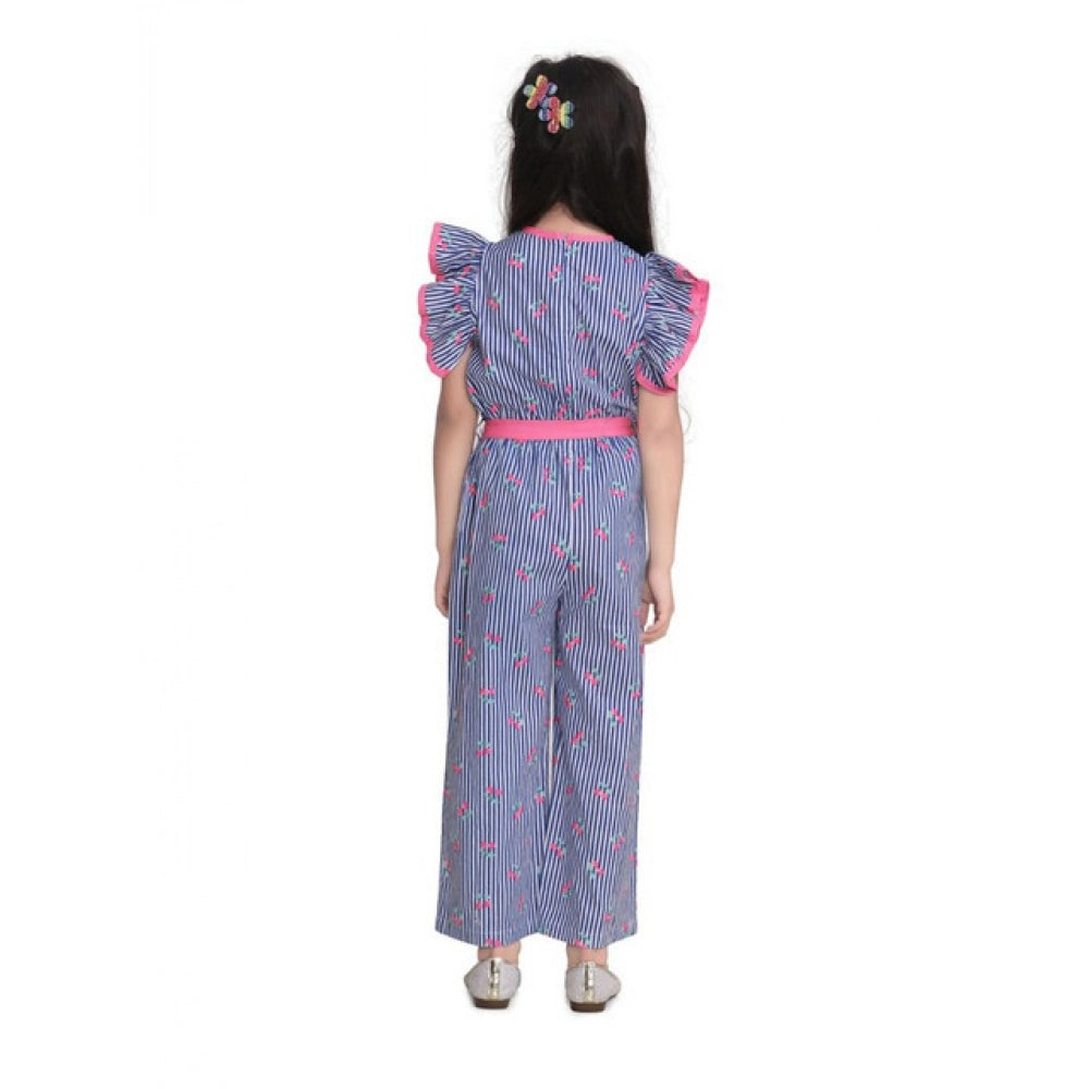 Girl's Cotton Striped Flutter Jumpsuit (Blue-Pink)
