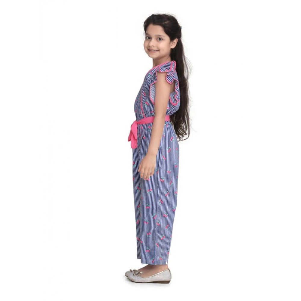 Girl's Cotton Striped Flutter Jumpsuit (Blue-Pink)