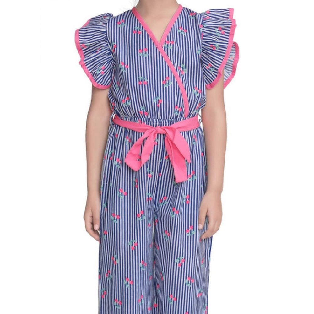 Girl's Cotton Striped Flutter Jumpsuit (Blue-Pink)