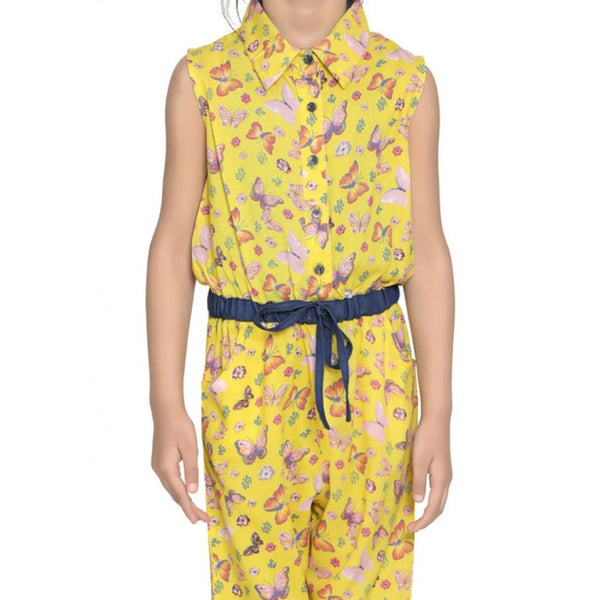 Girl's Cotton Printed Sleeveless Jumpsuit (Yellow)