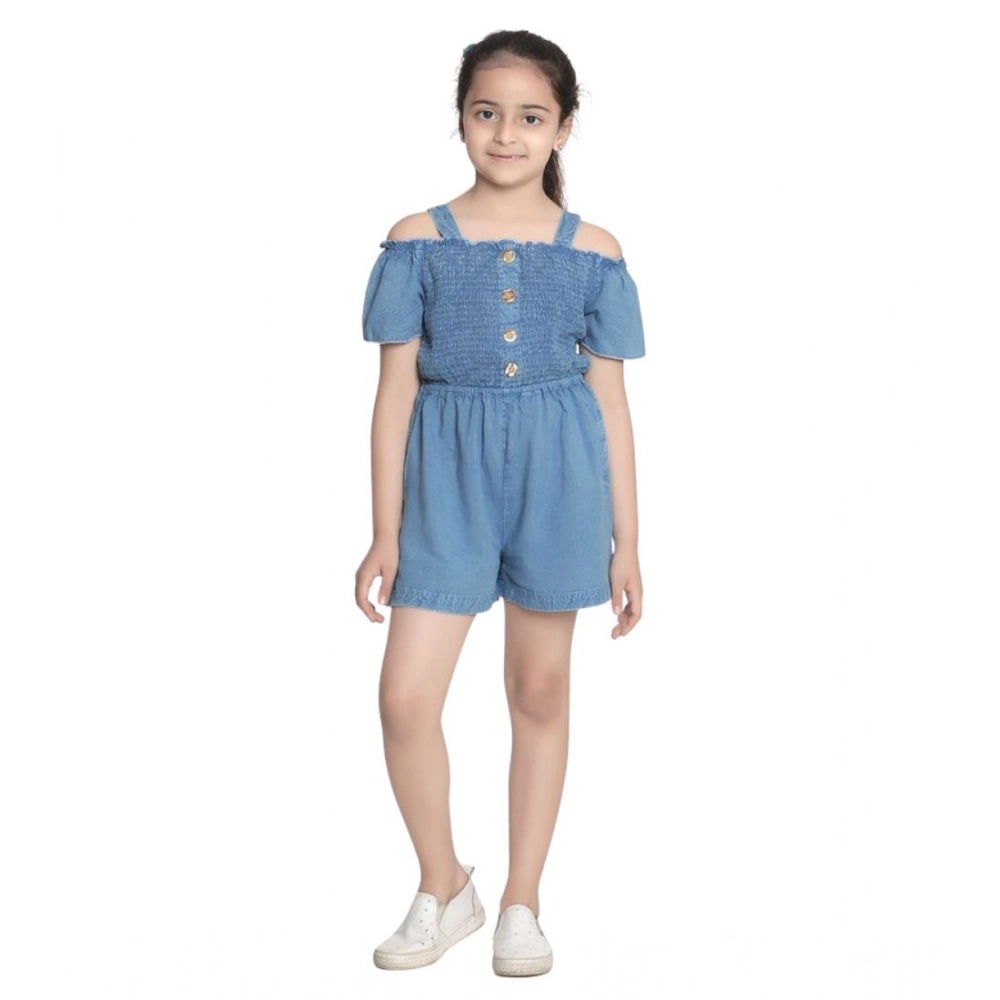 Girl's Rayon Solid Sleeveless Jumpsuit (Blue)