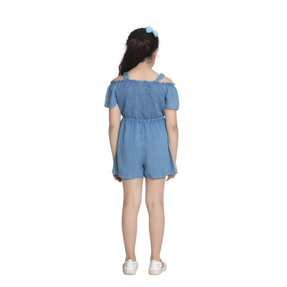Girl's Rayon Solid Sleeveless Jumpsuit (Blue)
