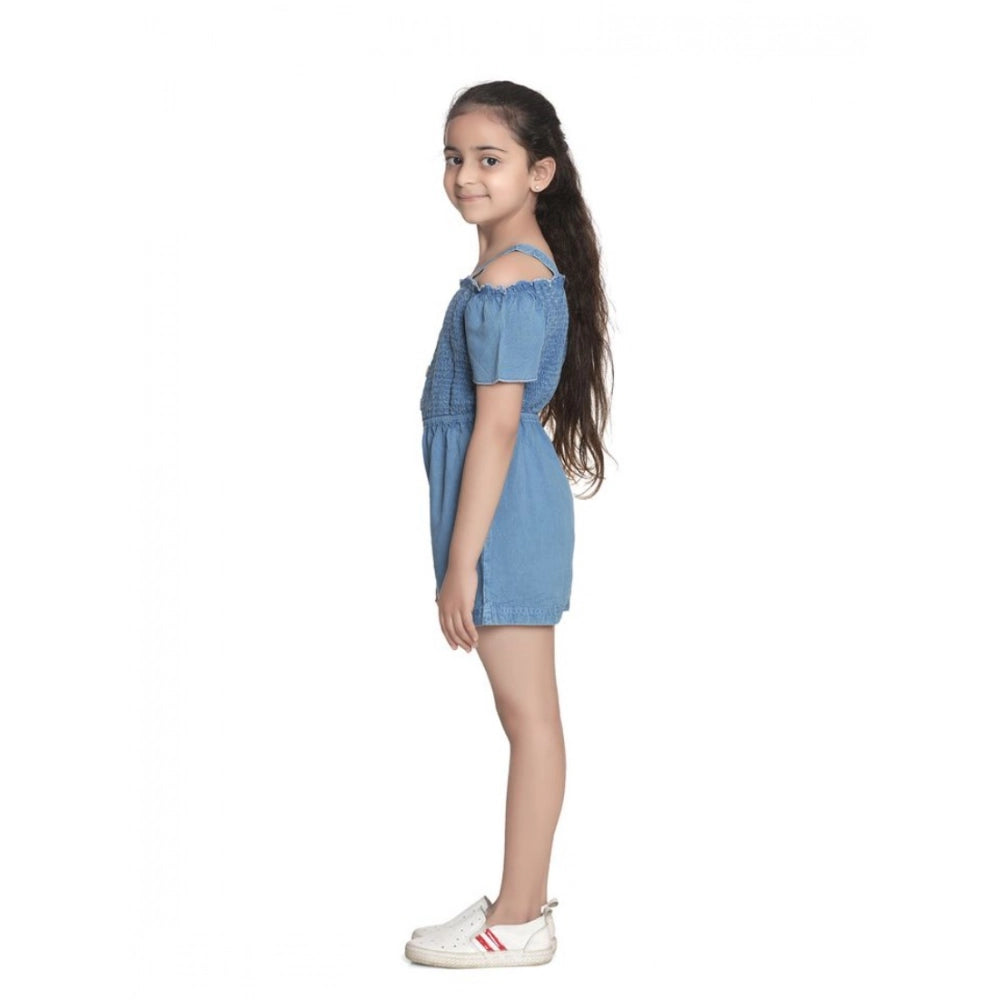 Girl's Rayon Solid Sleeveless Jumpsuit (Blue)