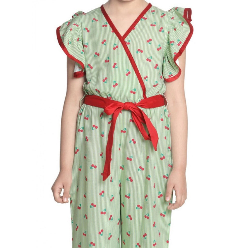 Girl's Rayon Printed Flutter Jumpsuit (Green)