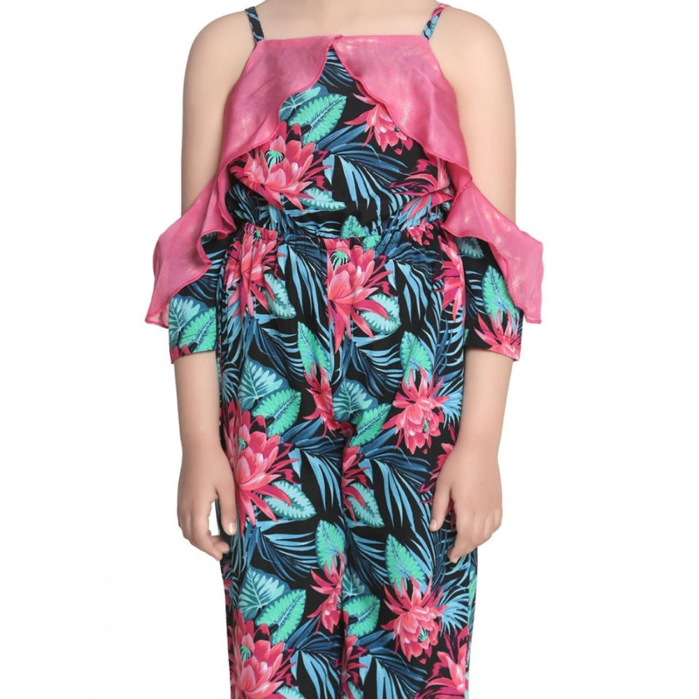 Girl's Polyester Floral Cold Shoulder Jumpsuit (Pink)