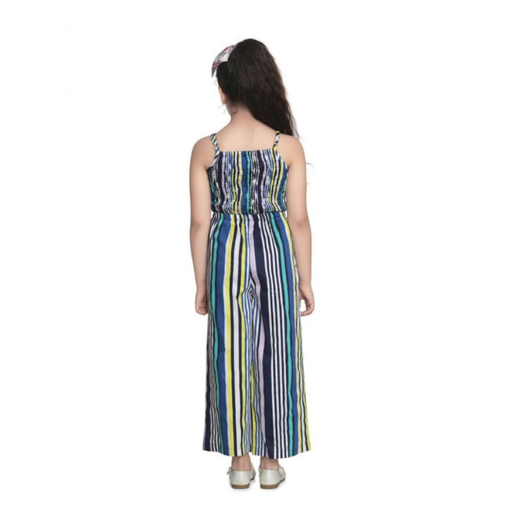 Girl's Rayon Striped Sleeveless Jumpsuit (Blue)