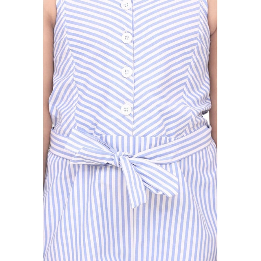 Girl's Polyester Cotton Blend Striped Sleeveless Jumpsuit (Light Blue)