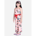 Girl's Polyester Crepe Floral Shoulder Straps Jumpsuit (Peach-Red)