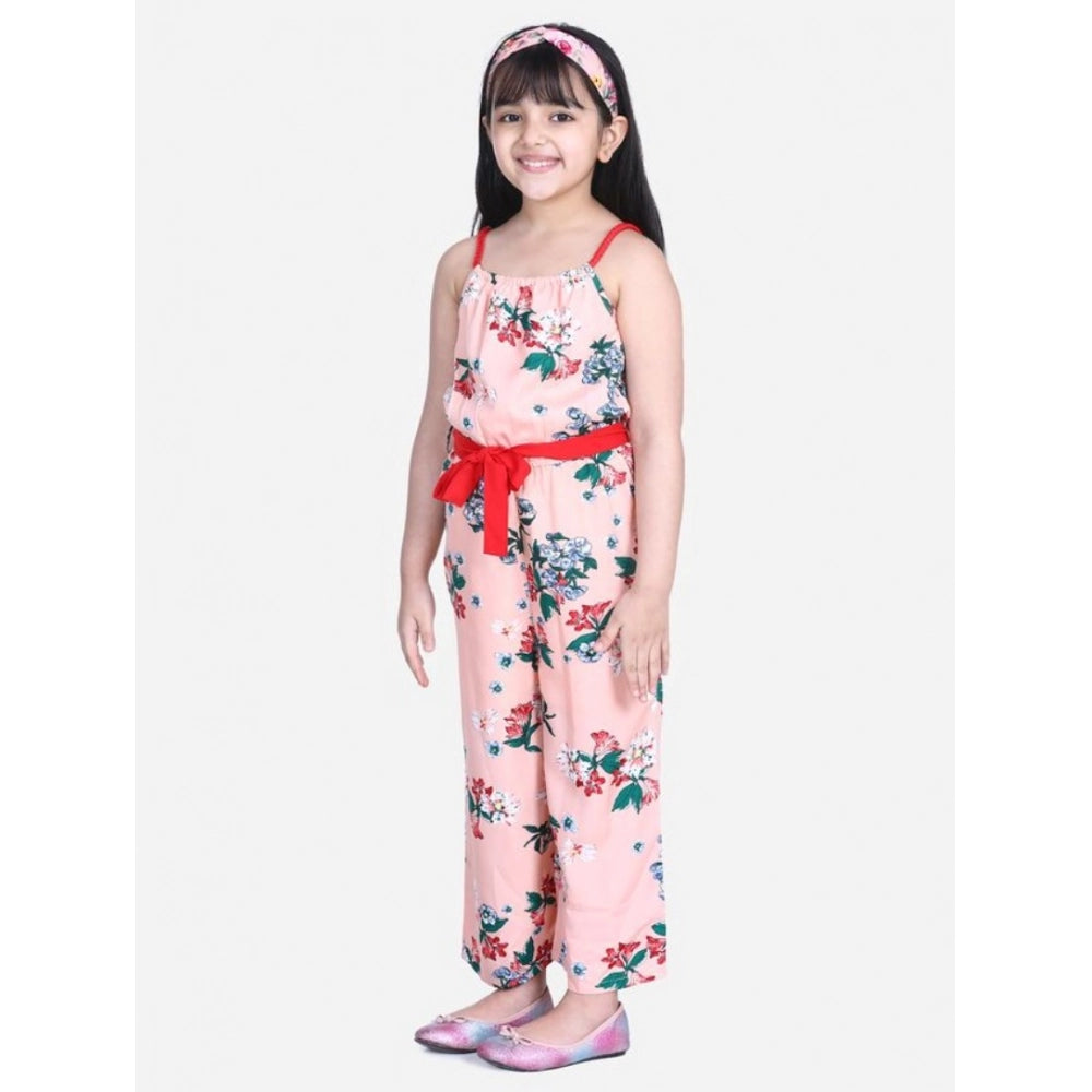Girl's Polyester Crepe Floral Shoulder Straps Jumpsuit (Peach-Red)