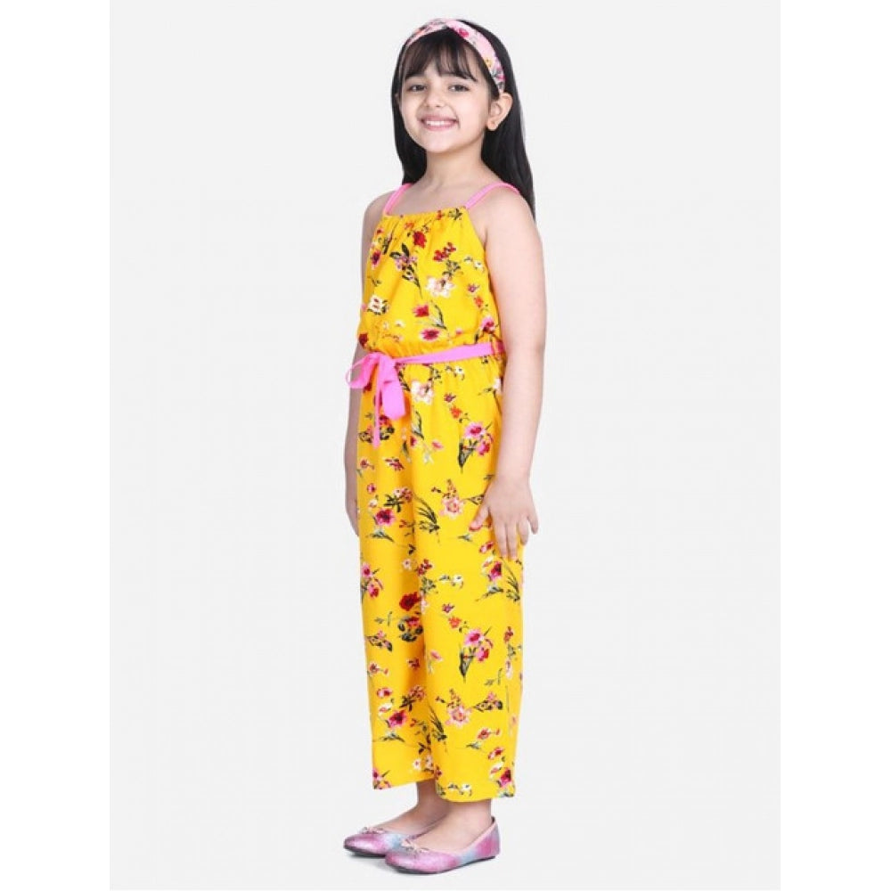 Girl's Polyester Crepe Floral Shoulder Straps Jumpsuit (Yellow-Pink)