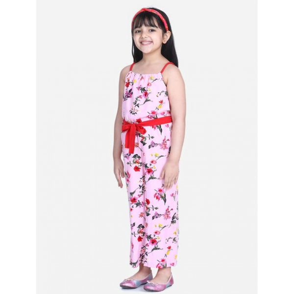 Girl's Polyester Crepe Floral Shoulder Straps Jumpsuit (Pink-Red)