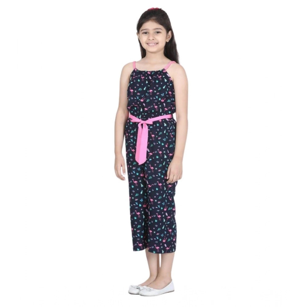 Girl's Rayon Flamingo Print Sleeveless Jumpsuit (Black-Pink)