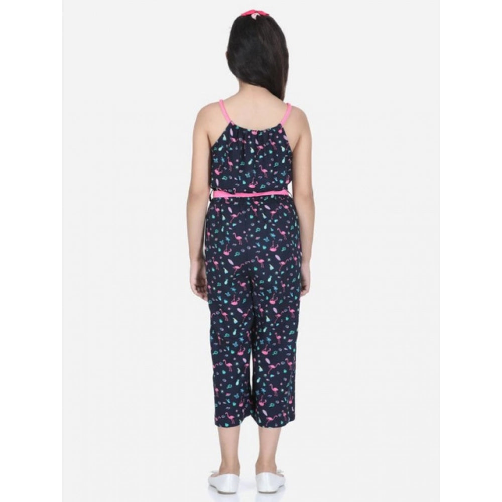 Girl's Rayon Flamingo Print Sleeveless Jumpsuit (Black-Pink)