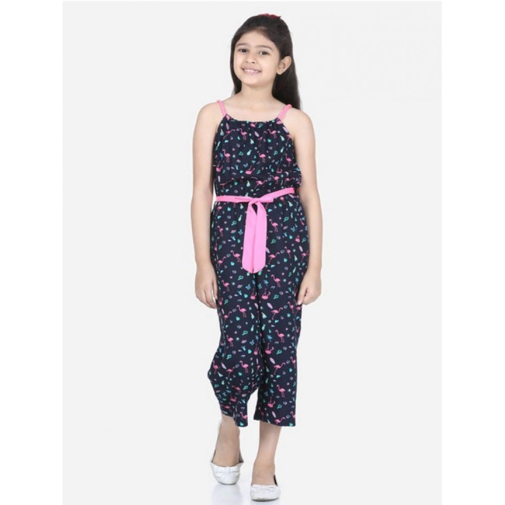 Girl's Rayon Flamingo Print Sleeveless Jumpsuit (Black-Pink)