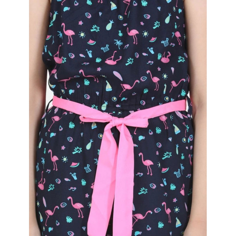 Girl's Rayon Flamingo Print Sleeveless Jumpsuit (Black-Pink)