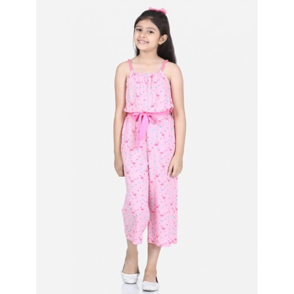 Girl's Rayon Flamingo Print Sleeveless Jumpsuit (Pink)