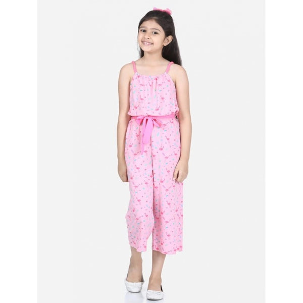 Girl's Rayon Flamingo Print Sleeveless Jumpsuit (Pink)