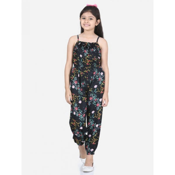 Girl's Rayon Flamingo Print Sleeveless Jumpsuit (Black-Multicolor)