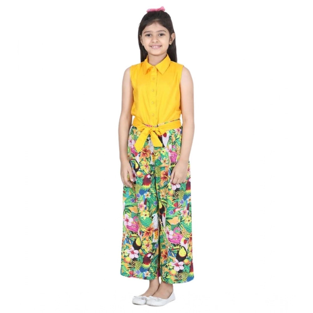 Girl's Rayon Flamingo Print Sleeveless Jumpsuit (Yellow-Multicolor)