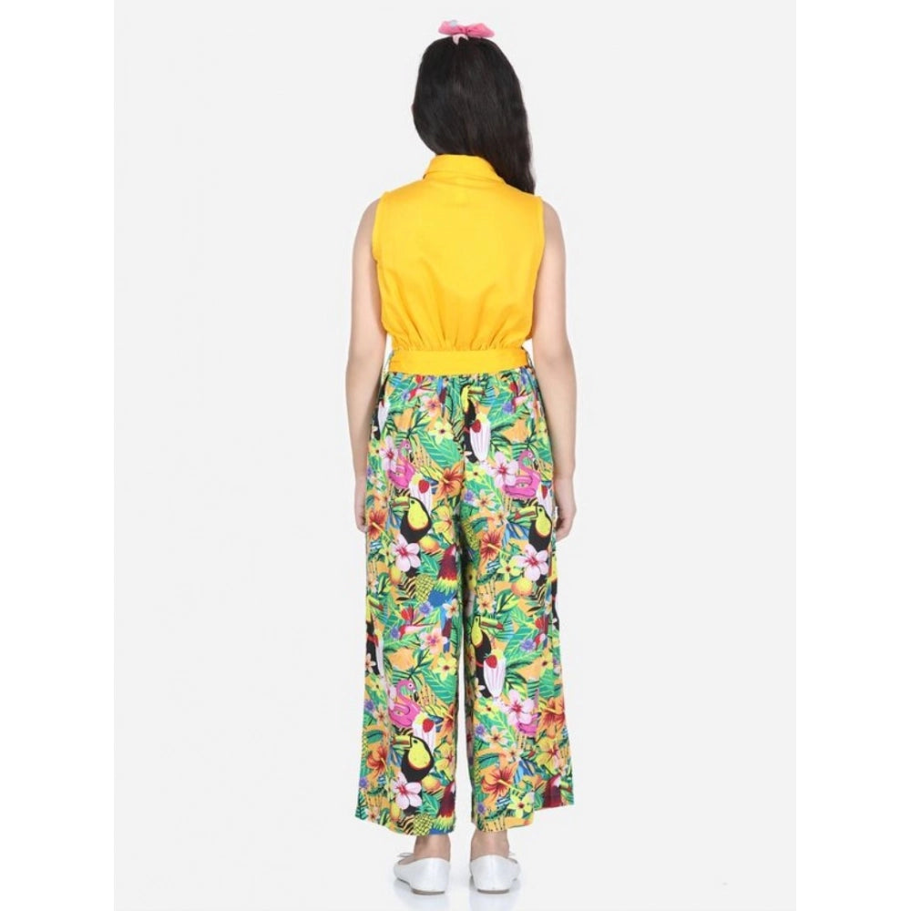 Girl's Rayon Flamingo Print Sleeveless Jumpsuit (Yellow-Multicolor)