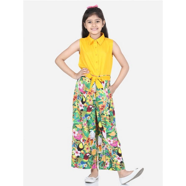 Girl's Rayon Flamingo Print Sleeveless Jumpsuit (Yellow-Multicolor)