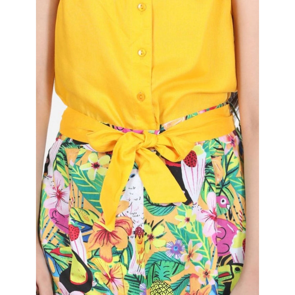 Girl's Rayon Flamingo Print Sleeveless Jumpsuit (Yellow-Multicolor)