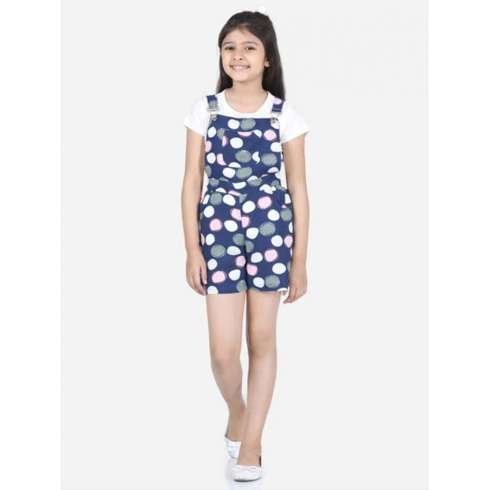 Girl's Rayon Polka Sleeveless Jumpsuit (Blue-Pink)