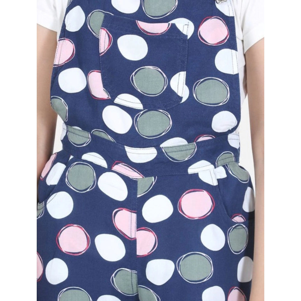 Girl's Rayon Polka Sleeveless Jumpsuit (Blue-Pink)