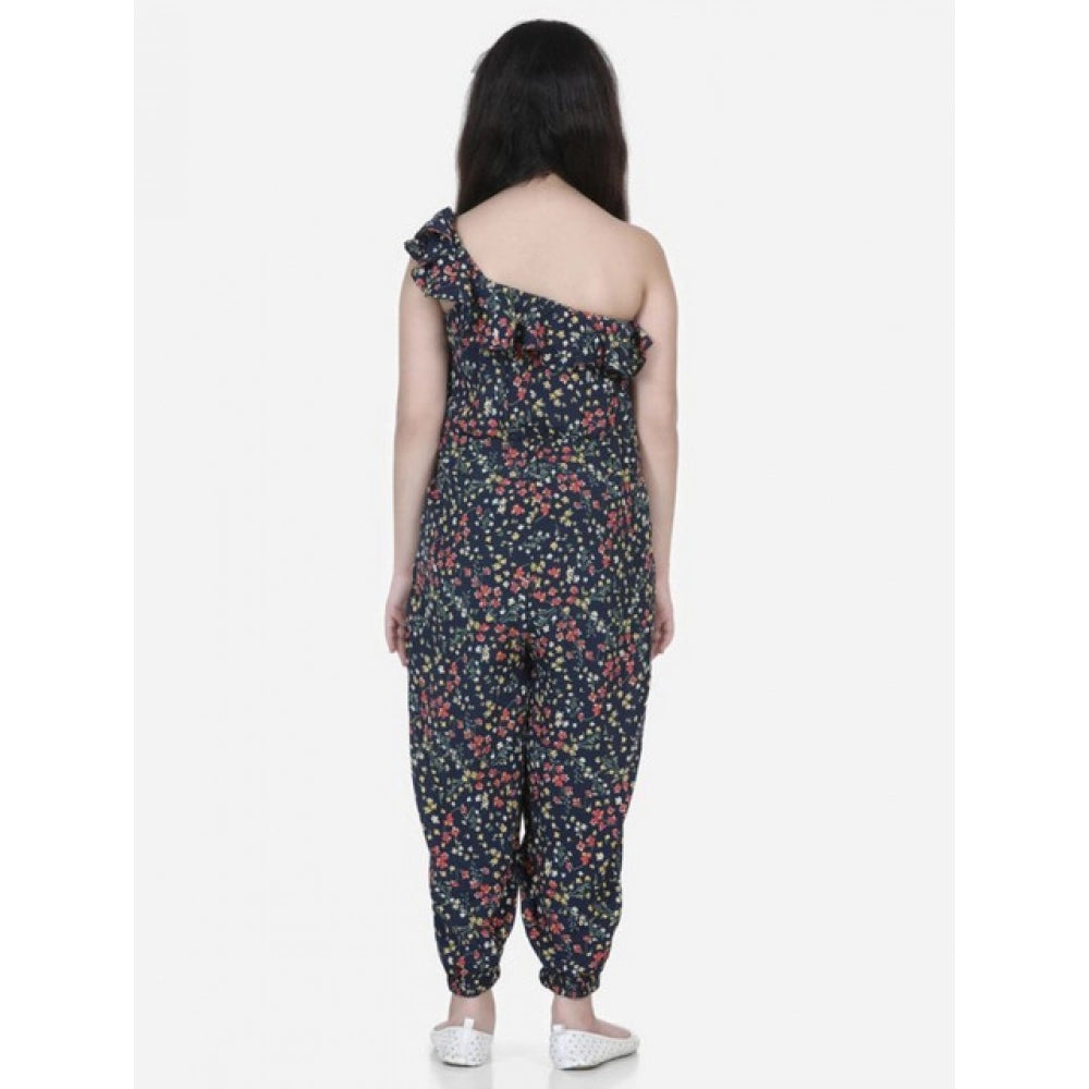 Girl's Polyester Moss Floral Sleeveless Jumpsuit (Multicolor)