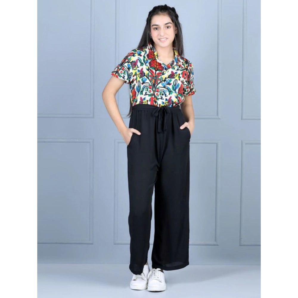 Girl's Polyester Printed Short Sleeves Jumpsuit (Multicolor-Black)