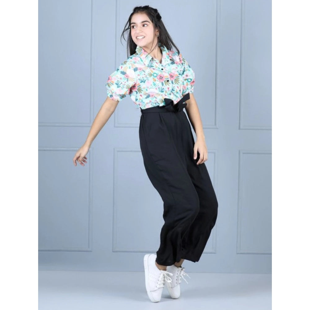 Girl's Polyester Floral Short Sleeves Jumpsuit (Green-Black)