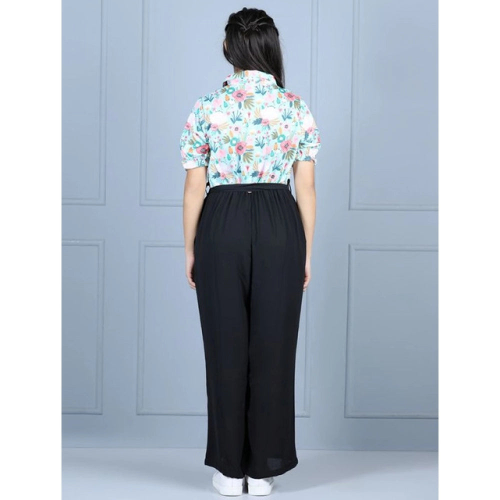 Girl's Polyester Floral Short Sleeves Jumpsuit (Green-Black)