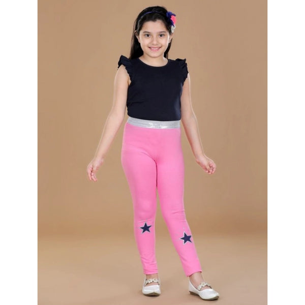Girl's Cotton Lycra Star Print Elasticated Leggings (Pink)