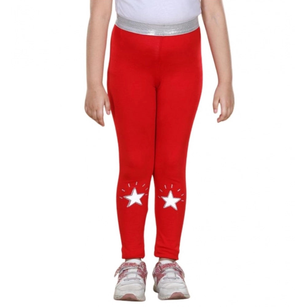Girl's Cotton Lycra Star Print Elasticated Leggings (Red)