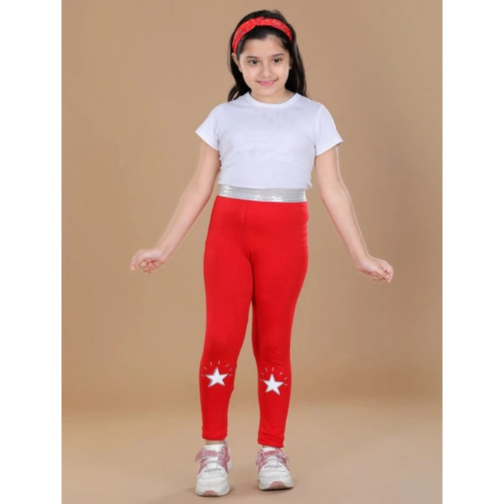 Girl's Cotton Lycra Star Print Elasticated Leggings (Red)
