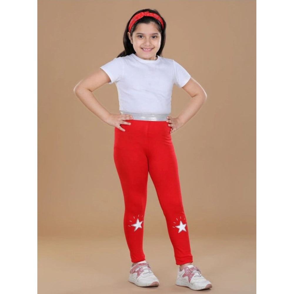 Girl's Cotton Lycra Star Print Elasticated Leggings (Red)