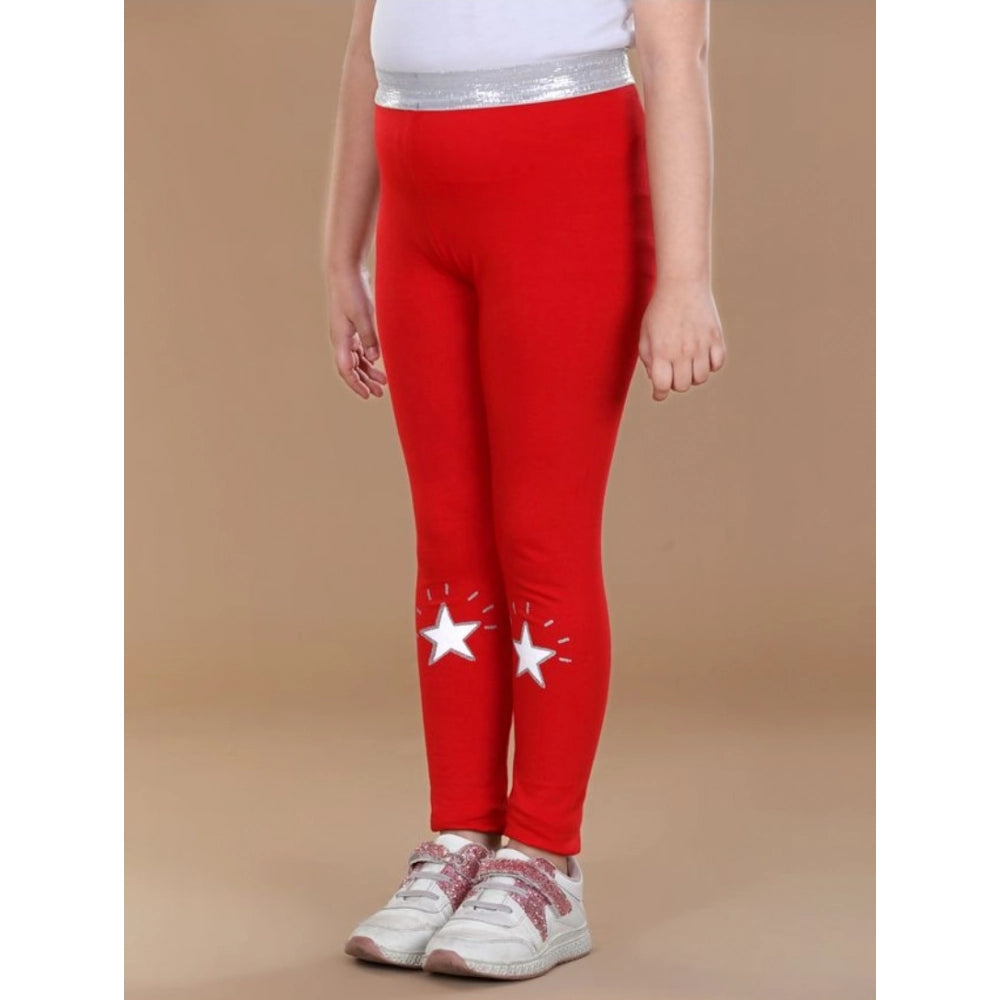 Girl's Cotton Lycra Star Print Elasticated Leggings (Red)