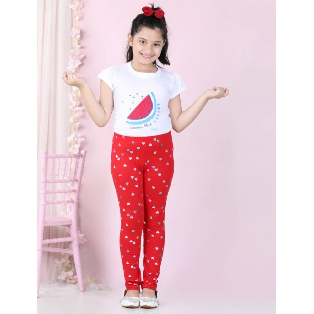 Girl's Cotton Lycra Embellished Elasticated Leggings (Red)