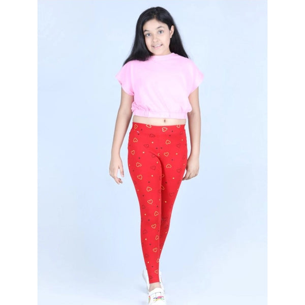 Girl's Cotton Lycra Printed Elasticated Leggings (Red)