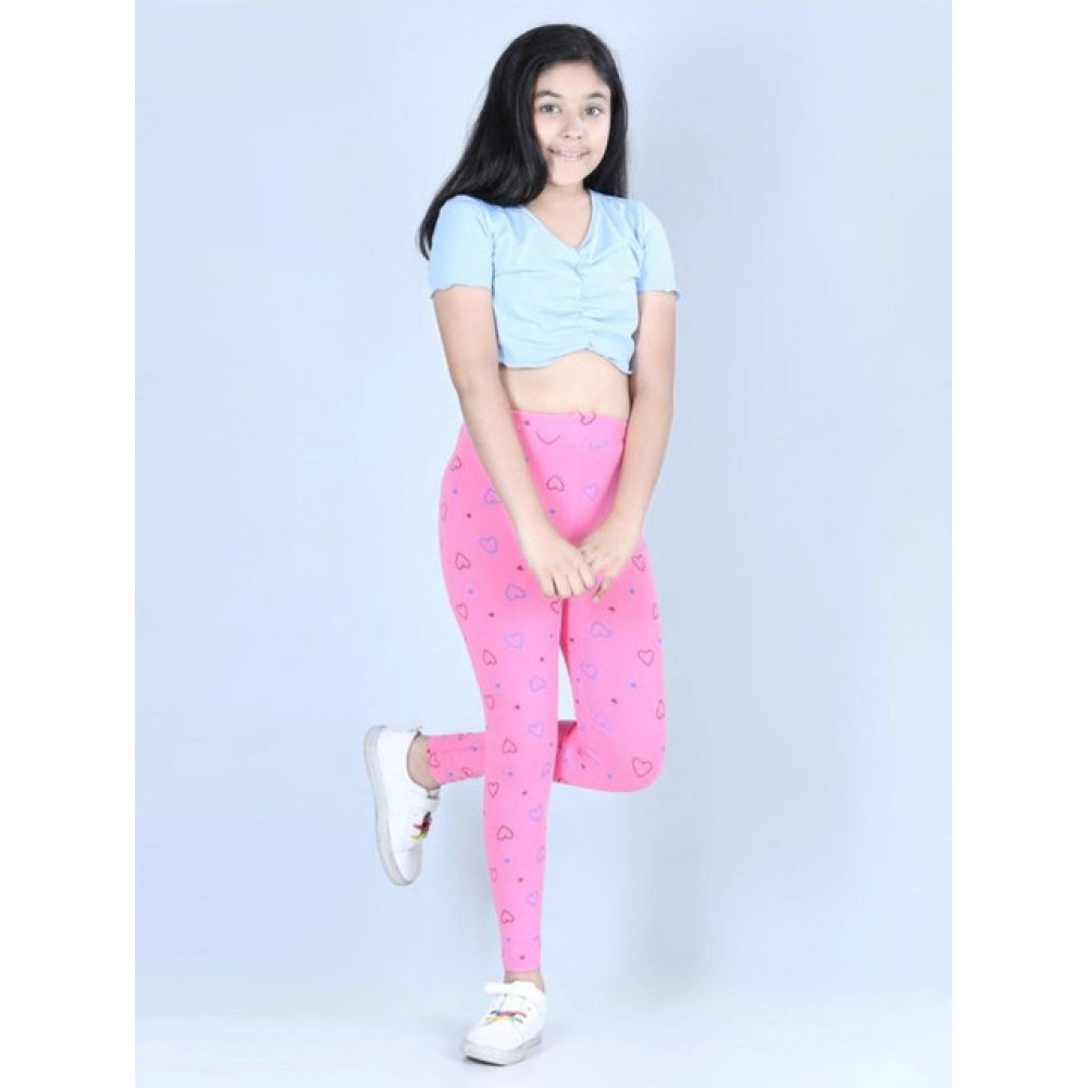 Girl's Cotton Lycra Printed Elasticated Leggings (Light Pink)