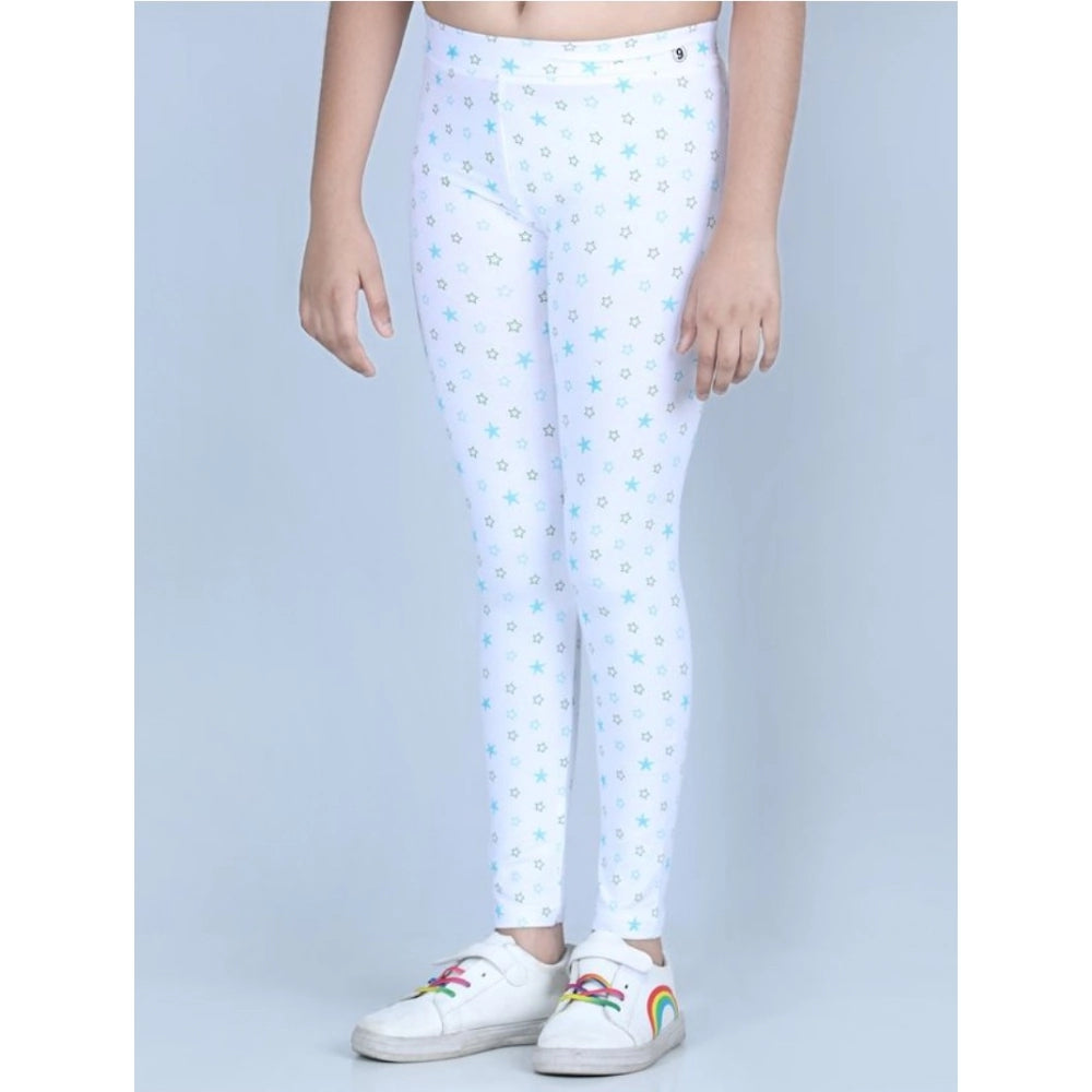 Girl's Cotton Lycra Printed Elasticated Leggings (White)