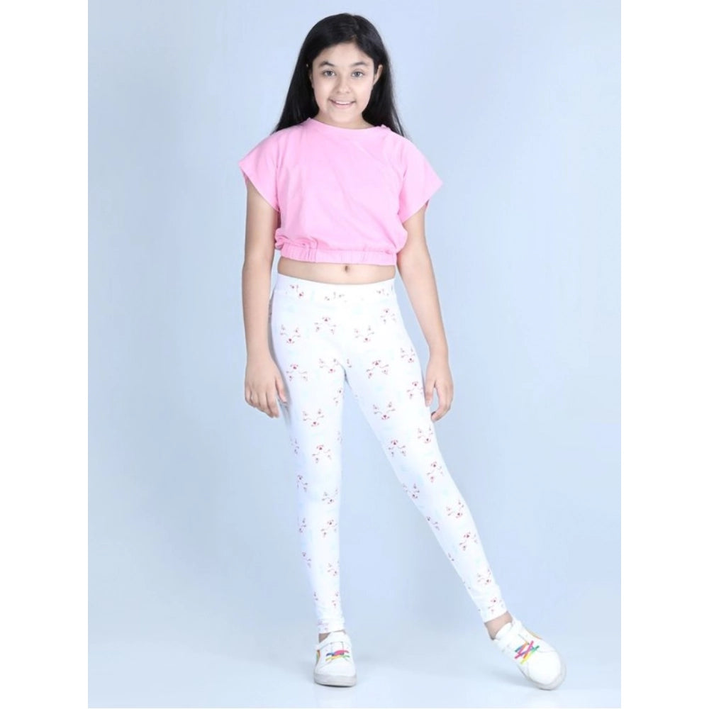 Girl's Cotton Lycra Printed Elasticated Leggings (White)
