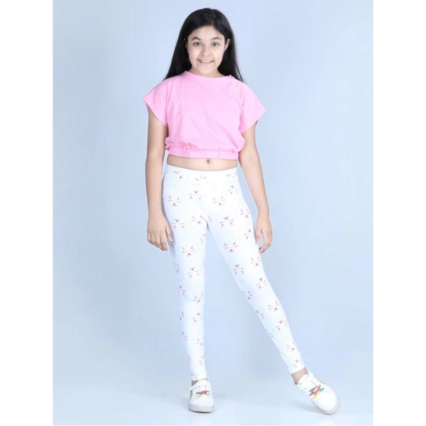 Girl's Cotton Lycra Printed Elasticated Leggings (White)