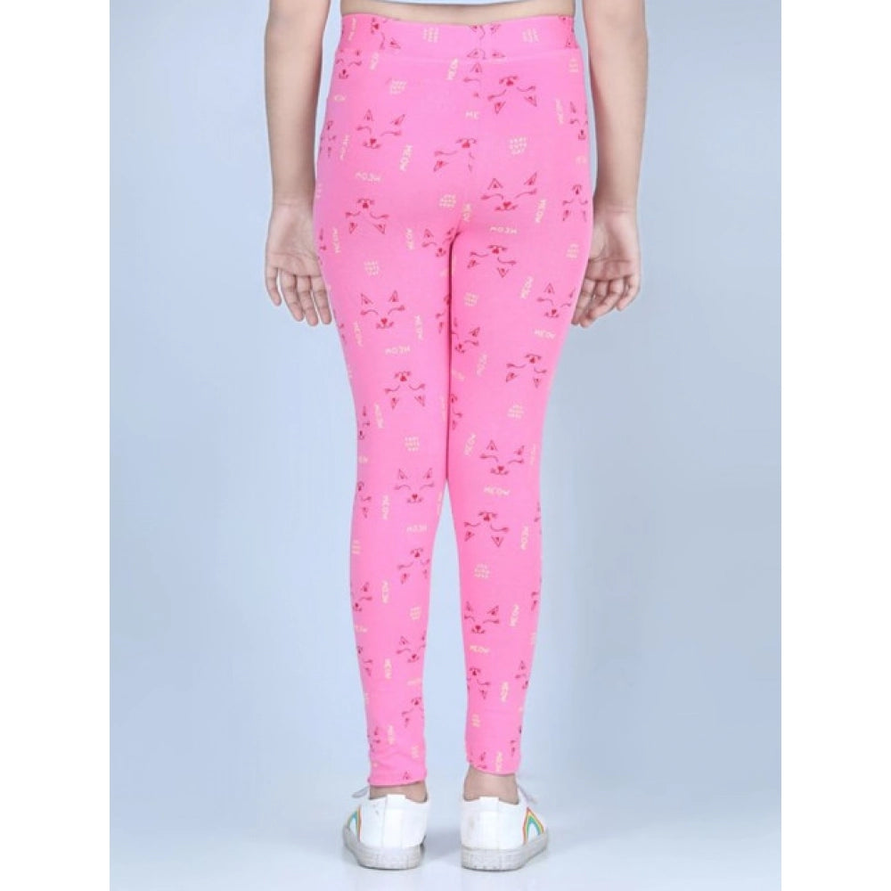 Girl's Cotton Lycra Printed Elasticated Leggings (Pink)