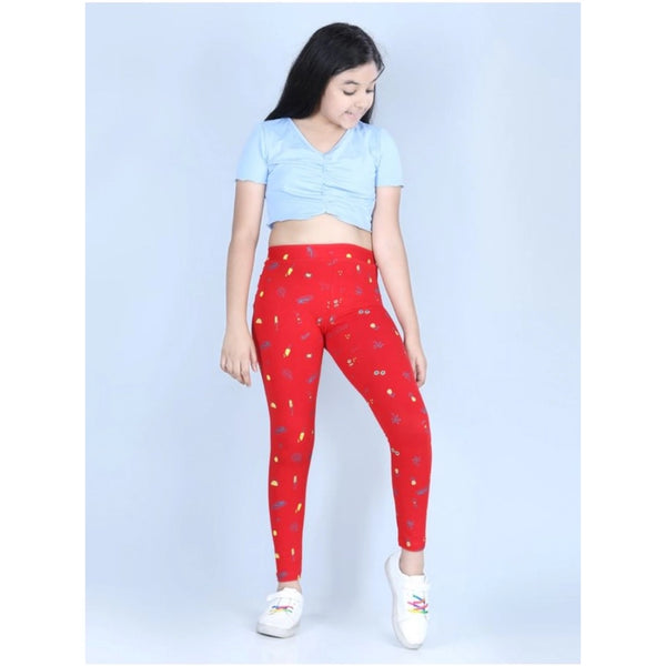 Girl's Cotton Lycra Printed Elasticated Leggings (Red)